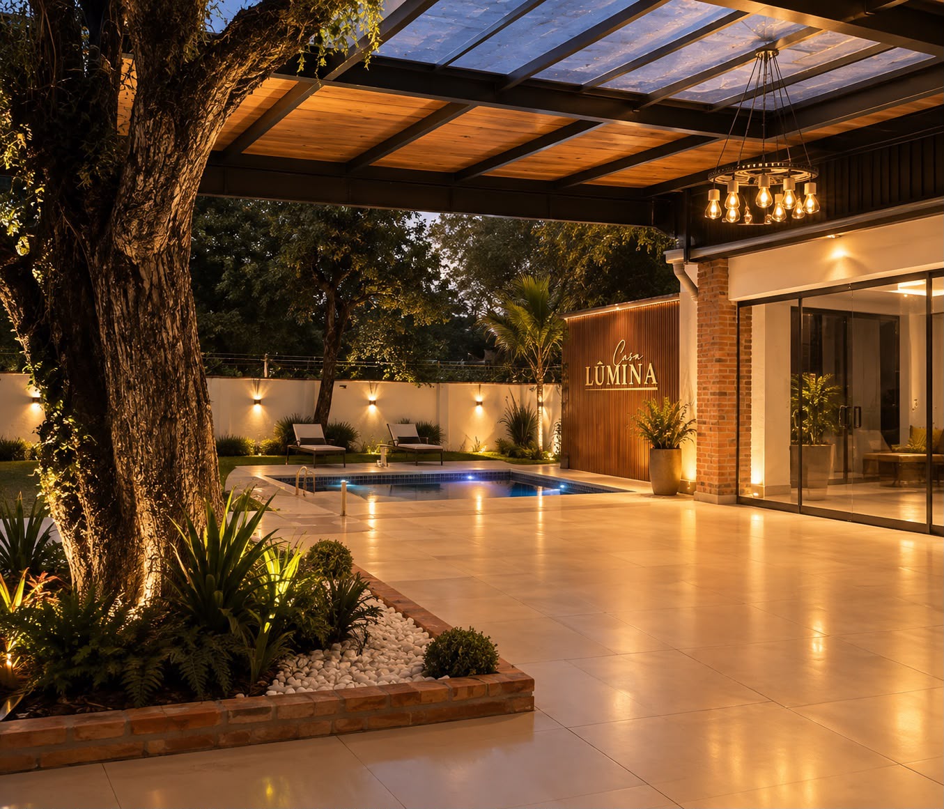 Deck con piscina y pérgola iluminada de Casa Lûmina al anochecer